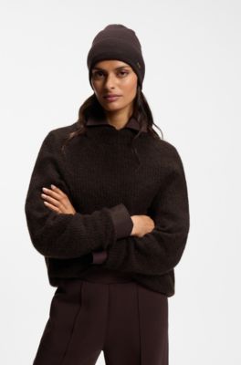 Wool-cashmere beanie with logo placket, Brown
