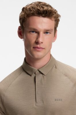 Wool-blend slim-fit polo shirt with concealed placket, Light Brown