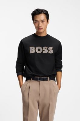 Sweat en molleton de coton avec d&eacute;tail de logo, Noir