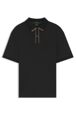 Polo de algod&oacute;n interlock con ribetes a rayas, Negro