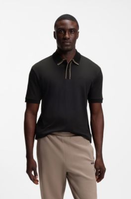 Polo en coton interlock avec finitions ray&eacute;es, Noir