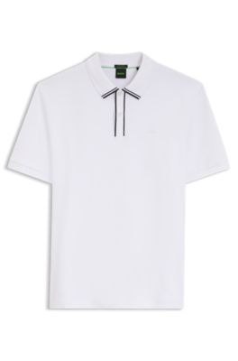Polo de algod&oacute;n interlock con ribetes a rayas, Blanco