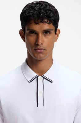 Polo de algod&oacute;n interlock con ribetes a rayas, Blanco