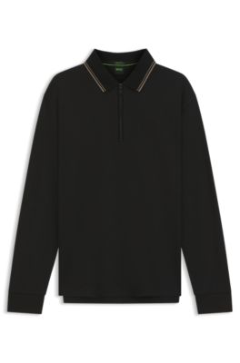 Polo en coton interlock avec col &agrave; rayures, Noir