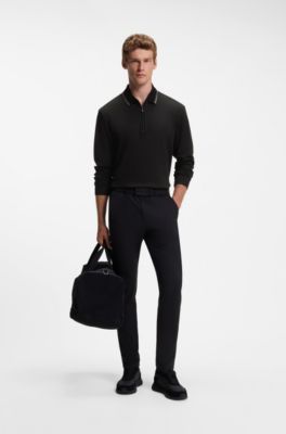 Interlock cotton polo shirt with striped collar, Black