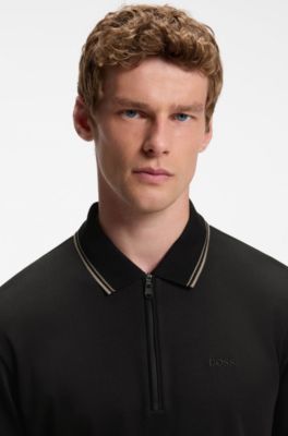 Interlock cotton polo shirt with striped collar, Black
