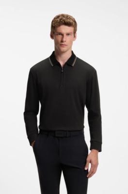 Polo en coton interlock avec col &agrave; rayures, Noir