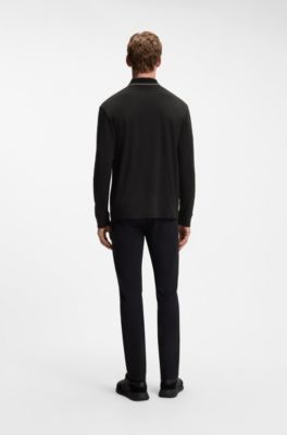 Interlock cotton polo shirt with striped collar, Black