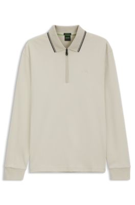 Interlock cotton polo shirt with striped collar, Light Beige