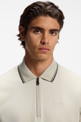Polo de algod&oacute;n interlock con cuello a rayas, Beige claro