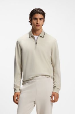Interlock cotton polo shirt with striped collar, Light Beige