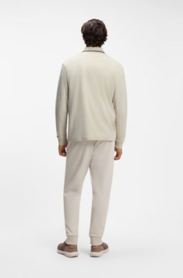 Interlock cotton polo shirt with striped collar, Light Beige