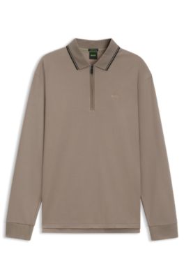 Interlock cotton polo shirt with striped collar, Light Green