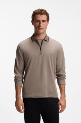 Interlock cotton polo shirt with striped collar, Light Green