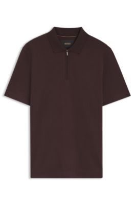 Polo &agrave; encolure zipp&eacute;e en m&eacute;lange de coton et de soie, Brun chin&eacute;