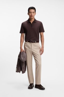 Zipper-neck polo shirt in a cotton-silk blend, Light Brown