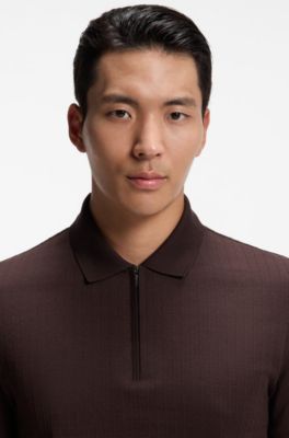 Zipper-neck polo shirt in a cotton-silk blend, Light Brown