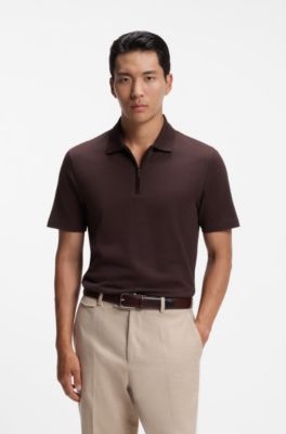 Polo &agrave; encolure zipp&eacute;e en m&eacute;lange de coton et de soie, Brun chin&eacute;