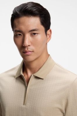 Zipper-neck polo shirt in a cotton-silk blend, Light Beige