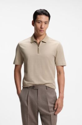 Zipper-neck polo shirt in a cotton-silk blend, Light Beige