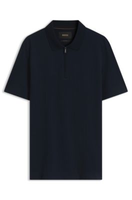 Zipper-neck polo shirt in a cotton-silk blend, Dark Blue