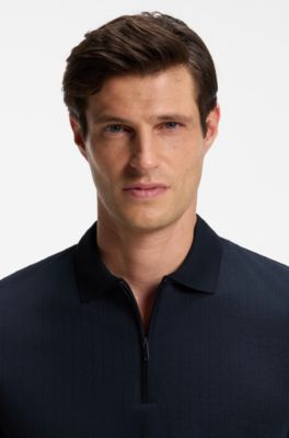 Polo de mezcla de algod&oacute;n y seda con cremallera en el cuello, Azul oscuro