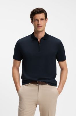 Zipper-neck polo shirt in a cotton-silk blend, Dark Blue