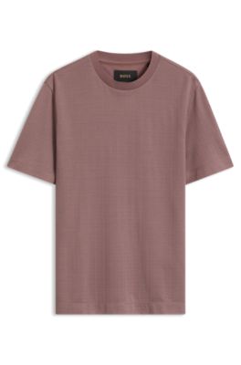 Windowpane-check T-shirt in a cotton-and-silk blend, Light Brown