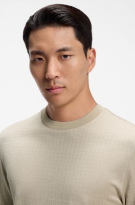 Windowpane-check T-shirt in a cotton-and-silk blend, Light Beige