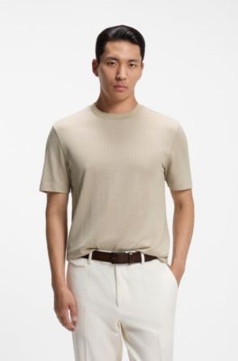Windowpane-check T-shirt in a cotton-and-silk blend, Light Beige