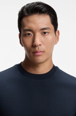 Windowpane-check T-shirt in a cotton-and-silk blend, Dark Blue