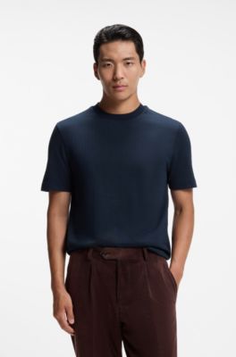 Windowpane-check T-shirt in a cotton-and-silk blend, Dark Blue