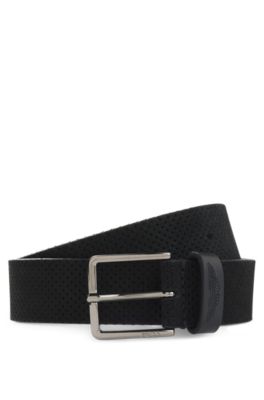 BOSS x ASTON MARTIN perforated suede belt with logo, Black