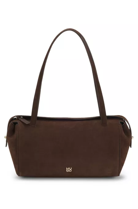 Faux-suede handbag with metallic stacked logo