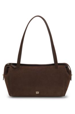 Faux-suede handbag with metallic stacked logo, Dark Brown
