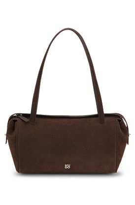 Faux-suede handbag with metallic stacked logo
