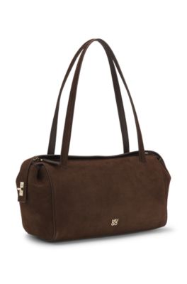 Faux-suede handbag with metallic stacked logo, Dark Brown