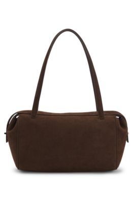 Faux-suede handbag with metallic stacked logo, Dark Brown