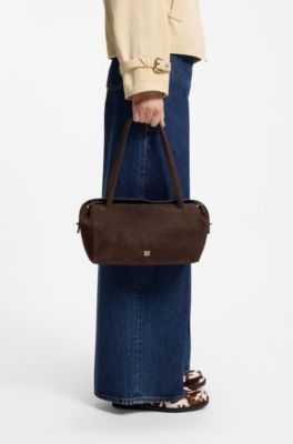 Faux-suede handbag with metallic stacked logo, Dark Brown