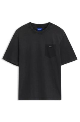 Regular-fit T-shirt in washed cotton with logo badge, Black
