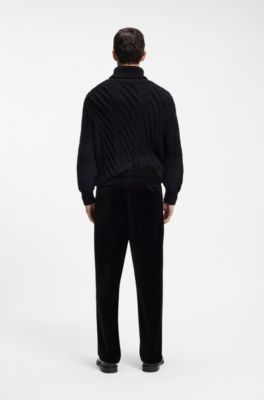Modern-fit pants in cotton velvet with pleated front, Black