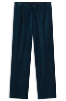 Modern-fit pants in cotton velvet with pleated front, Turquoise