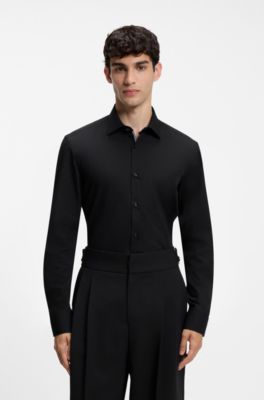 Camisa slim fit en popel&iacute;n de algod&oacute;n de planchado f&aacute;cil, Negro