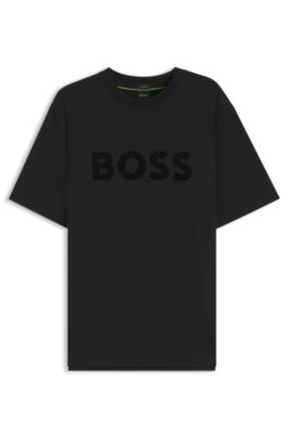 Camiseta de algod&oacute;n el&aacute;stico con logo estampado en flocado a tono, Negro