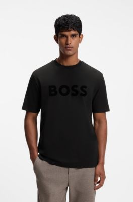 Camiseta de algod&oacute;n el&aacute;stico con logo estampado en flocado a tono, Negro