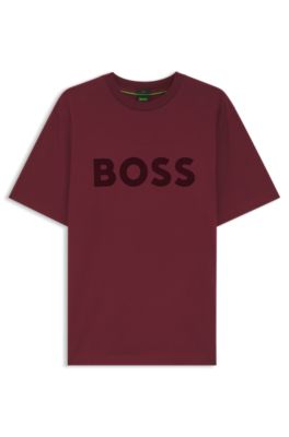 Tonal flocked-logo T-shirt in stretch cotton, Dark pink