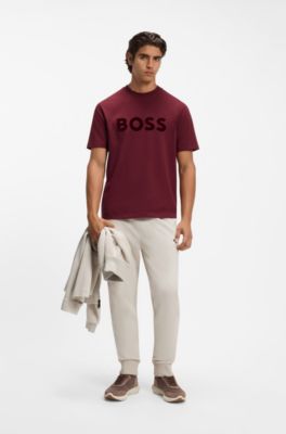 Tonal flocked-logo T-shirt in stretch cotton, Dark pink
