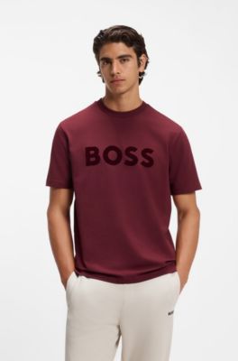 Tonal flocked-logo T-shirt in stretch cotton, Dark pink