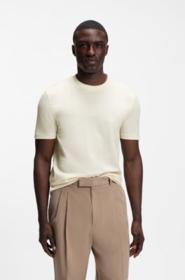 T-shirt en coton merceris&eacute; avec motif jacquard effet velours c&ocirc;tel&eacute;, Blanc