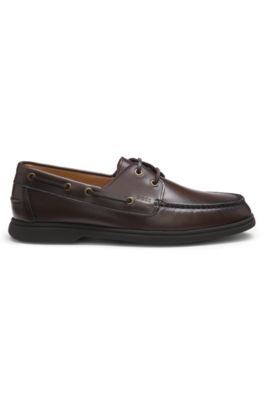 Mocassins bateau en cuir avec logo gaufr&eacute;, Marron fonc&eacute;